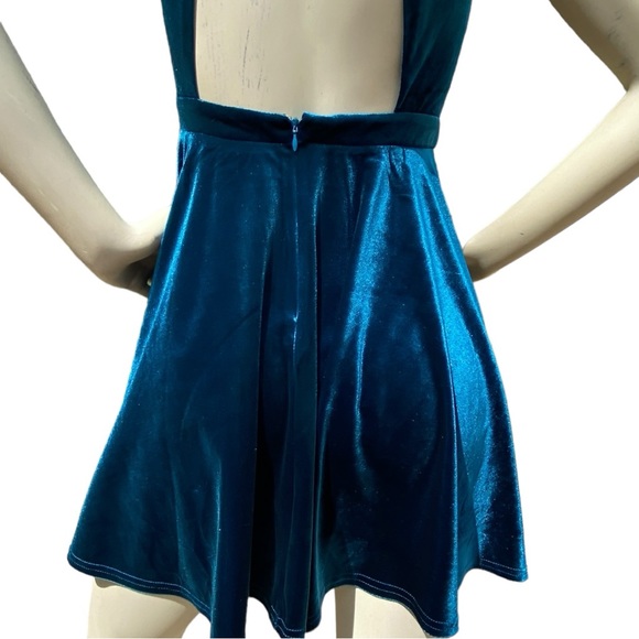 ALTAR’D STATE Deep Teal Blue Velvet Sleeveless Halter Cut Out Pleated Mini Dress - Picture 13 of 16